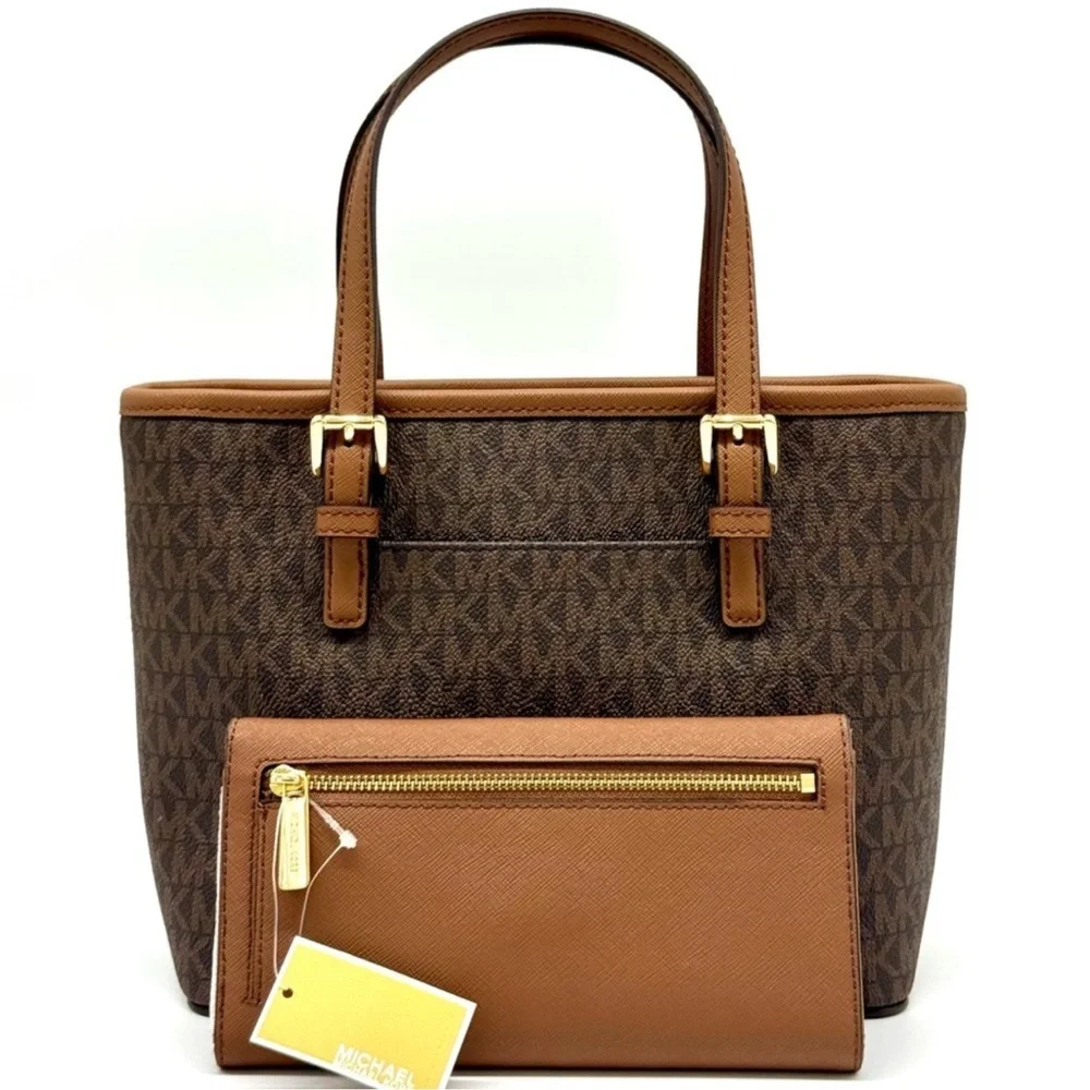 Michael Kors JST XS Logo TZ Tote Bag & Matching Trifold Wallet Signature Brown